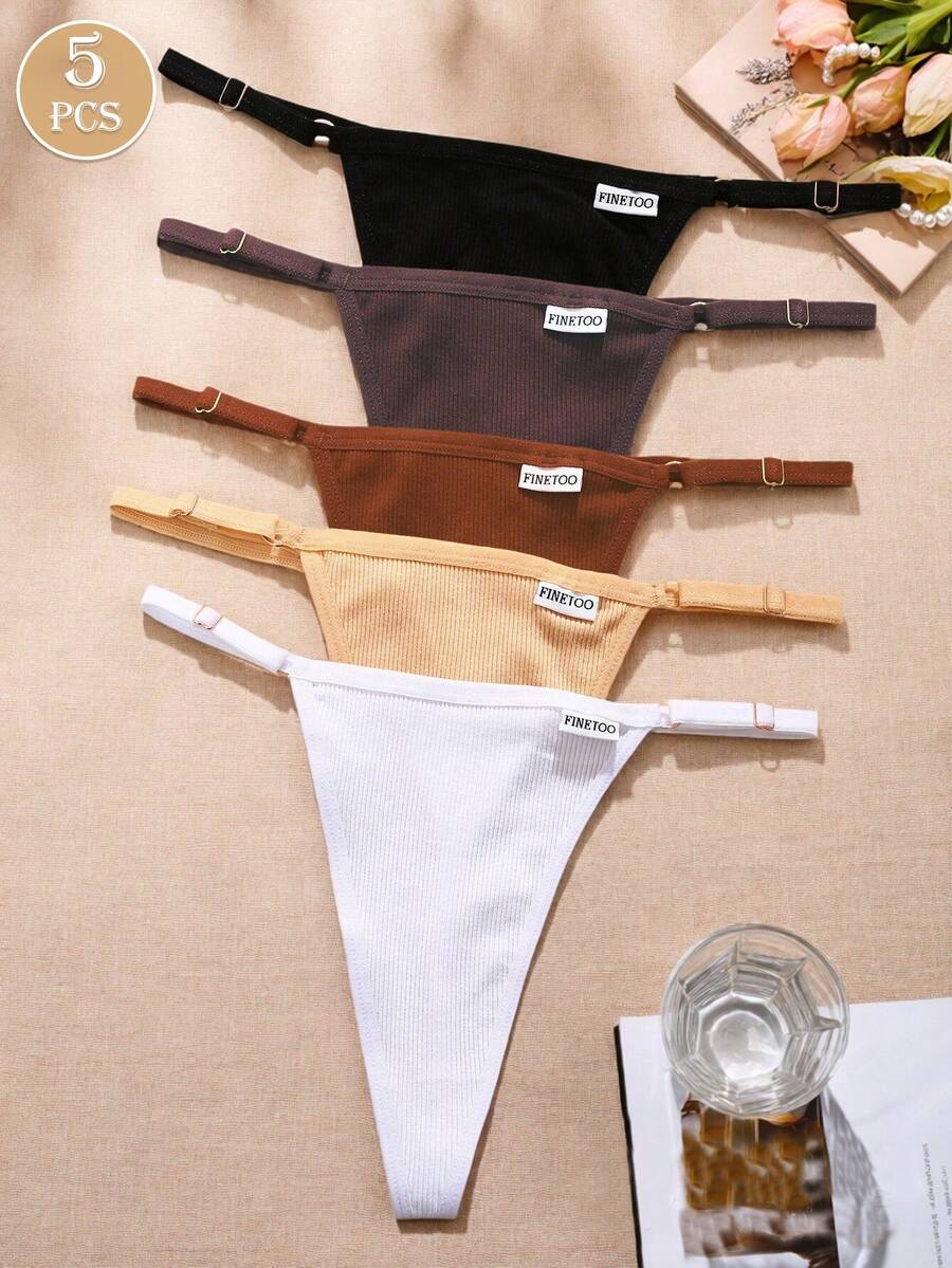 Set da 5 pezzi di mutandine da donna a vita bassa, in cotone tinta unita e a righe, sottili, con etichetta a logo, sexy e confortevoli