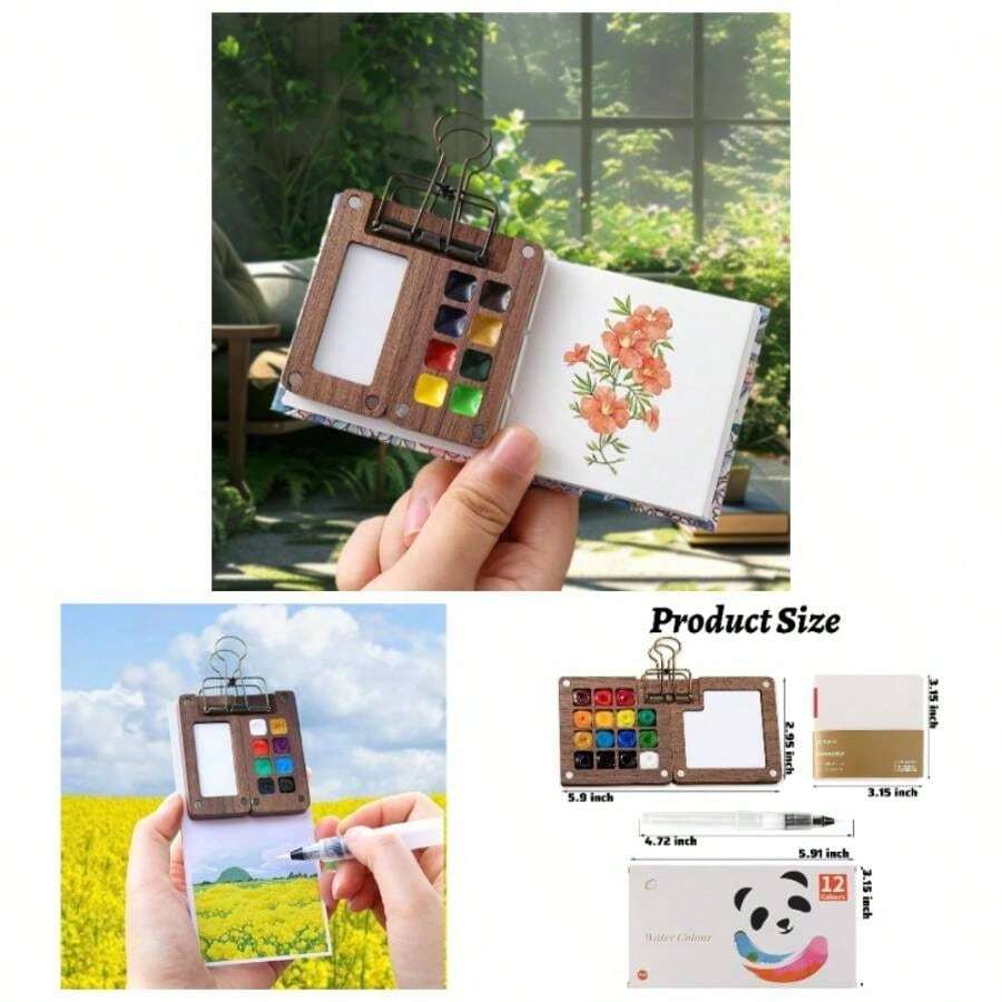 Watercolor Paint Set Travel Watercolor Set Pocket Artist Watercolor Travel Set With Watercolor Palette, Watercolor Brushes, 12 Colors, Watercolor Sketchbook Artists Painters StudentsWood - Wood + 15 Grids - View 1