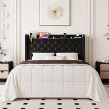 Allewie Full/Queen/King Size Bed Frame, Storage Headboard With Charging Station, Wingback Velvet Upholstered, Diamond Stitched Button Tufted, Sturdy Wooden Slats, No Box Spring Needed, Easy Assembly, Black - Xem 2