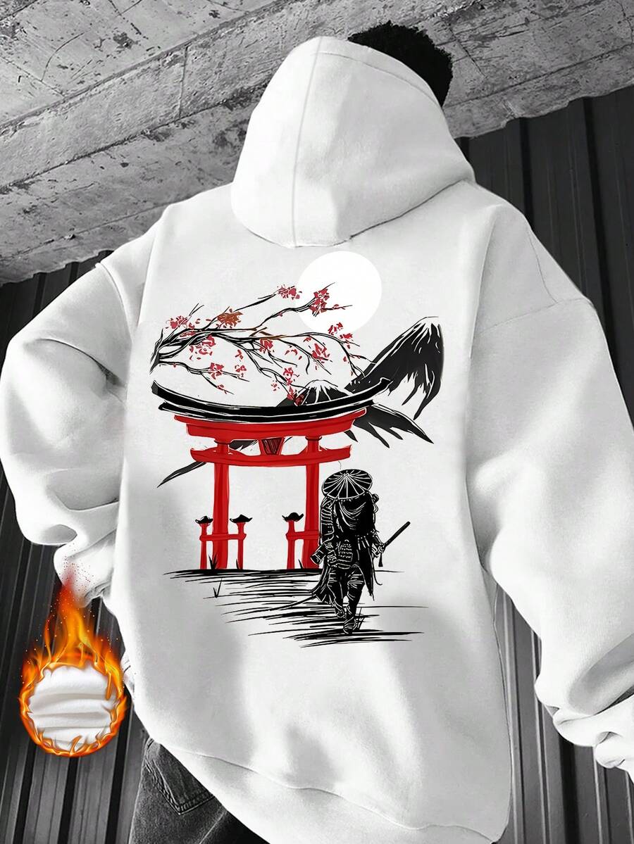 Sweat-shirt à capuche personnalisé pour hommes Krometka, style guerrier de la porte de Torii japonaise, pour l'automne/hiver - Blanc - Voir 1