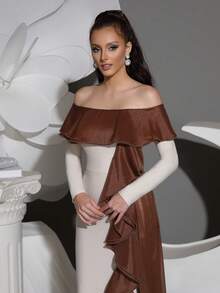 New Sexy Off-Shoulder Ruffle Trim Pleated Flowy Maxi Bodycon Dress, Women Formal Wedding Guest Party Evening Gown - Apricot - View 7