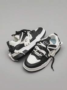 Lightweight & Breathable Low-Top Casual Chunky Sneakers, Versatile For Men - 黑與白 - 查看 3