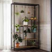 Zimmerpflanzenständer, 5-stufig, 180 cm hoch – Großes Pflanzenregal aus Metall und Holz mit 6 Haken zum Aufhängen, Blumenständer und Bonsai-Topfhalter für Balkon und Wohnzimmer - Braun - Übersicht 1