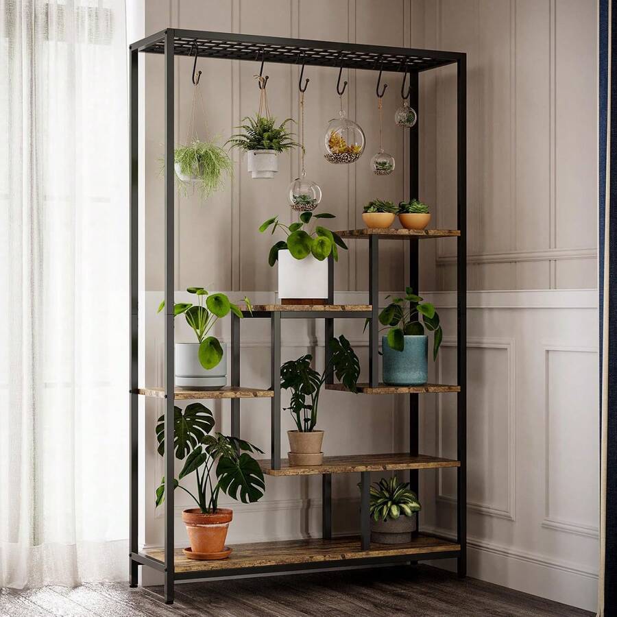 Zimmerpflanzenständer, 5-stufig, 180 cm hoch – Großes Pflanzenregal aus Metall und Holz mit 6 Haken zum Aufhängen, Blumenständer und Bonsai-Topfhalter für Balkon und Wohnzimmer - Braun - Übersicht 1