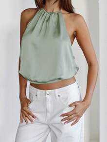 WOWDARK 女士夏季纯色露背缎面吊带休闲上衣，适合休闲度假、日常外出、生日派对、聚会和约会等场合。 - 綠色 - 查看 11