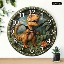 2D Flat 10inch Silent Dinosaur Wall Clock - Made Of Wooden Round Design, Suitable For Living Room, Bedroom, Office Decoration - Battery Operated (AA), Perfect Gift Idea,Valentines Gift,Wall Decor,Room Decor,Home Deocr,House Essentials,Picks - Multicolor/10in/25cm - View 11