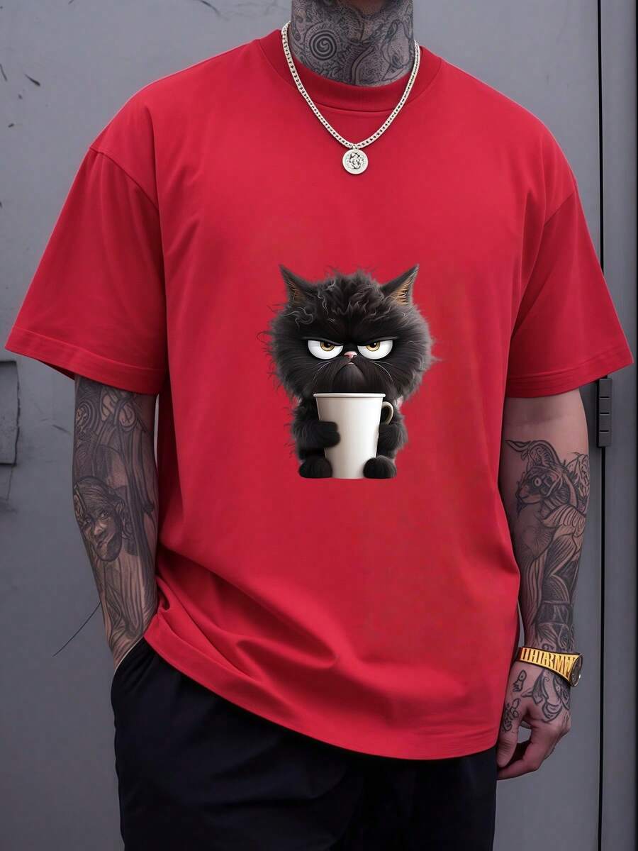 A Cat Gazing At The Horizon Symbolizes Calm, Mystery, And Inner Strength, Inspiring Confidence And Serenity With Every Step. This Men's T-Shirt Is Made Of 100% Soft And Comfortable Cotton, Perfect For Everyday Wear. - 紅色 - 查看 1