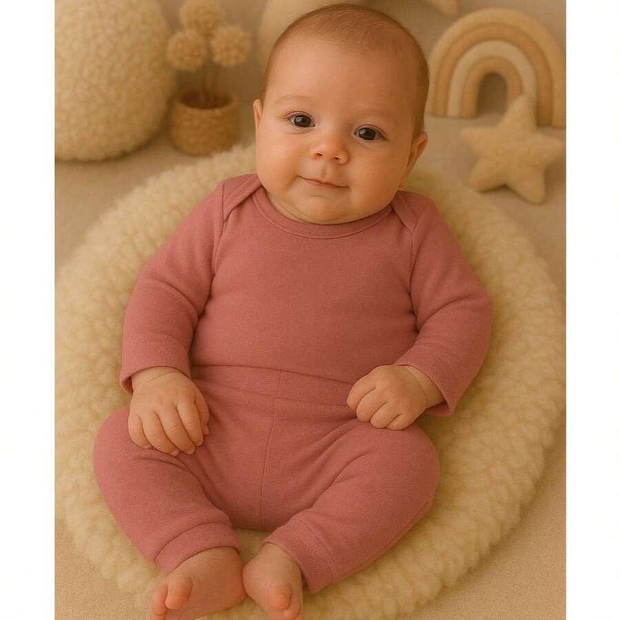 Baby 2-Piece Set: Long-Sleeved Bodysuit And Footed Pants, 100% Cotton Suedine Fabric, Maternity Layette, Kids' Romper, Children's Clothing - 乾枯玫瑰色 - 查看 1