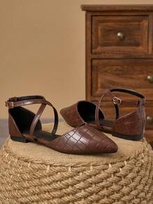 MonaNise 女士尖头套脚平底鞋，时尚休闲户外通勤工作鞋，饰有缎带，舒适镂空乐福鞋，酒红色，秋季款 - 棕色 - 查看 3