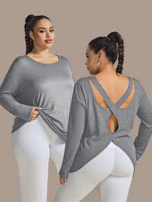 Christmas 2025 Autumn/Winter Plus Size Women Sports Casual Set, Criss-Cross Back Long Sleeve T-Shirt