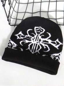 1pc Stylish Patterned Knitted Hat, Jacquard Adult Unisex Beanie Cap Warm, Fashionable Streetwear Casual, Multi-Color, Autumn/Winter Fall Outfit - 黑色 - 查看 2
