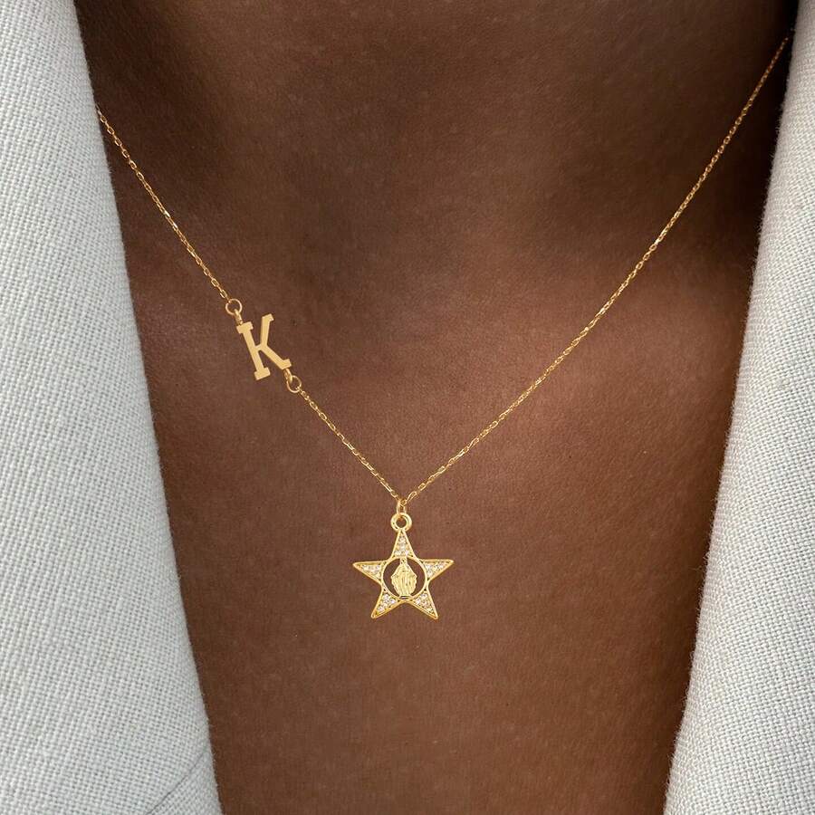 1件新款经典字母星形镂空玛丽妈妈吊坠金色不锈钢链项链，女士款 - 金黃色 - 查看 1