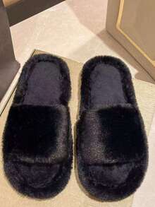Women's Fluffy Faux Fur Open Toe Slippers, Soft Warm Indoor Plush Furry Slides, Fashionable Couple Fur Slippers For Winter