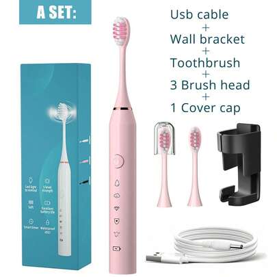 1pc Electric Toothbrush, 3 Replacement Brush Heads, USB Rechargeable, 5 Cleaning Modes, 1 Set Includes Bathroom Wall Mount Toothbrush Holder, Travel Toothbrush Head Cover (Portable Protective Cap), IPX7 Waterproof, Teeth Whitening, Oral Health Care, For Adult Use