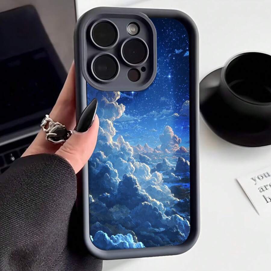 Cubierta de teléfono con borde negro diseño cielo estrellado y nubes azules para uso diario y viajes - Negro - Ver 1