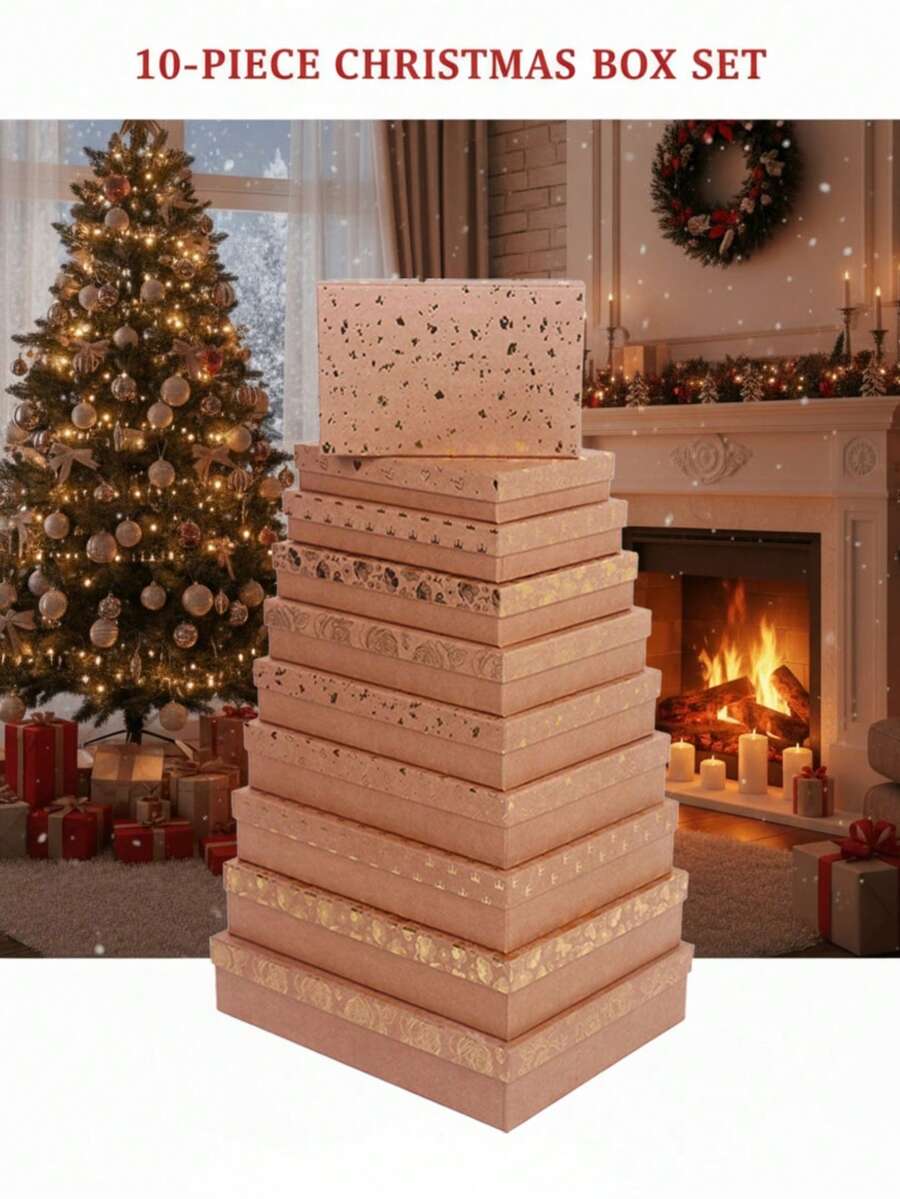 Set regalo di Natale da 10 pezzi, scatola regalo rettangolare piatta con coperchio in lamina d'oro, elegante scatola portaoggetti per gioielli per anelli, orecchini, bracciali, confezione regalo festiva e da collezione, scatole regalo di lusso per Babbo Natale, calze natalizie, omaggi per feste, regali per addio al nubilato, regali aziendali natalizi, confezione per piccole imprese pronta per il nastro, scatola decorativa riutilizzabile per decorazioni natalizie e confezioni regalo