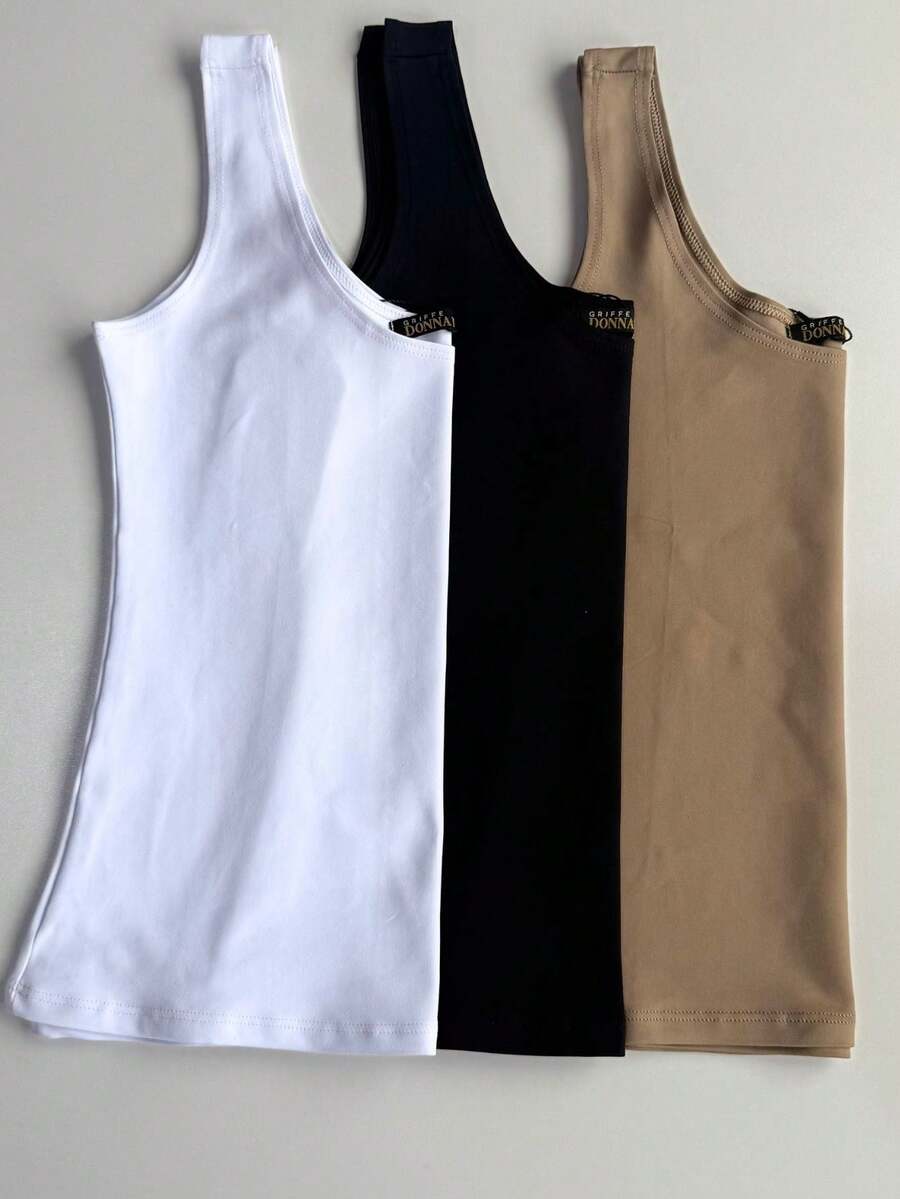 Kit Of 3 Stylish Women's Tank Tops, Blogger-Style, End-Of-Year Premium Gift, Christmas Outfit, Gym Outfit. - 黑色,白色和米色 - 查看 1