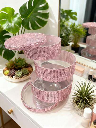 1 Peça Caixa de Armazenamento Texturizada com Múltiplos Compartimentos, Giratória com Espelhos, Organizador de Acessórios de Joias com Detalhes em Diamante, Caixa de Armazenamento à Prova de Poeira e Oxigênio para a Mesa, Organizador de Vaidade Elegante e Compacto para Anéis, Colares, Brincos e Pulseiras, Baú Decorativo Portátil para Penteadeira, Quarto, Banheiro ou Viagem, Presente Ideal para Feriados, Casamentos, Aniversários, Festas, Decoração de Casa