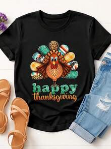 Women's Thanksgiving Turkey Graphic T-Shirt - Happy Thanksgiving Lettering & Colorful Turkey With Balloons Print, Lightweight Breathable Short Sleeve Round Neck Casual Top For Spring Summer Fall Holiday Outfits (Vibrant Orange) - Black - View 1