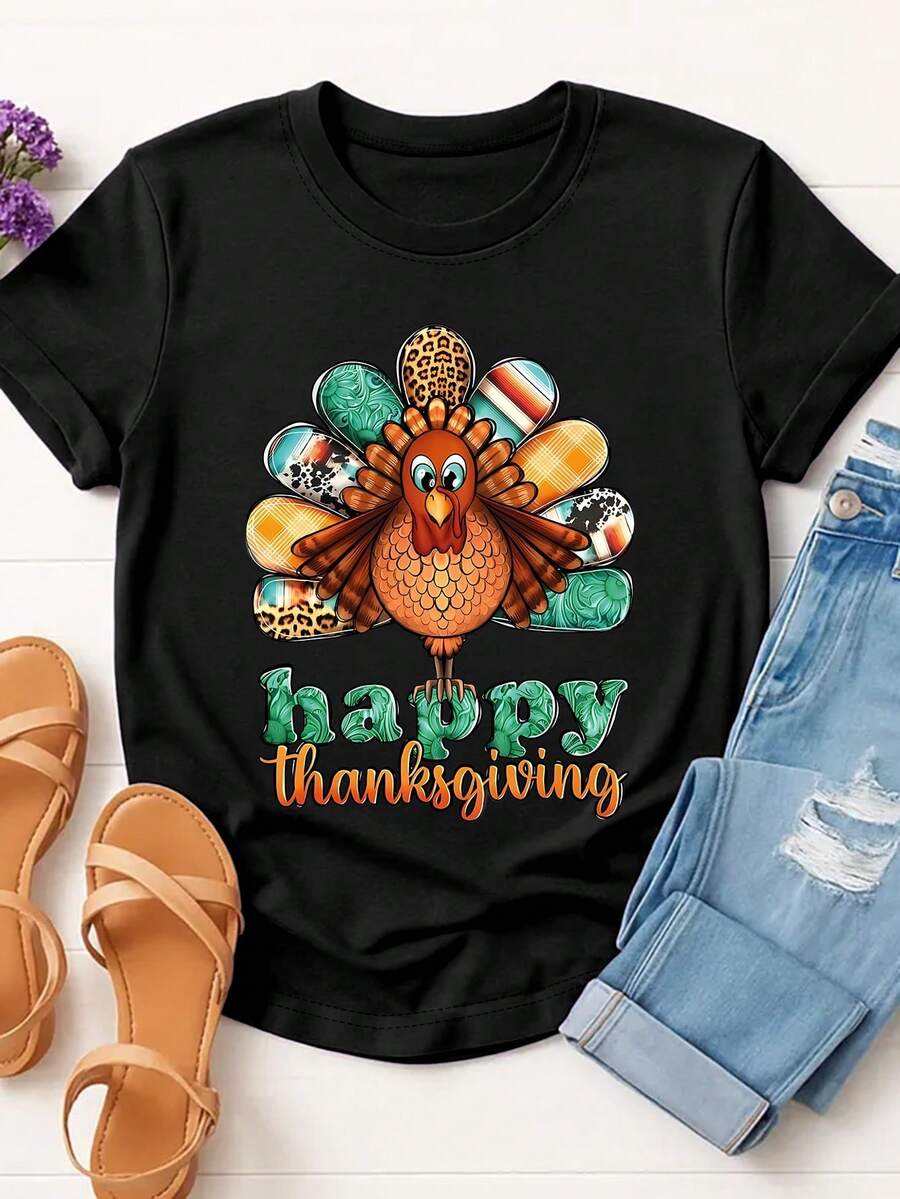 Women's Thanksgiving Turkey Graphic T-Shirt - Happy Thanksgiving Lettering & Colorful Turkey With Balloons Print, Lightweight Breathable Short Sleeve Round Neck Casual Top For Spring Summer Fall Holiday Outfits (Vibrant Orange) - Black - View 1
