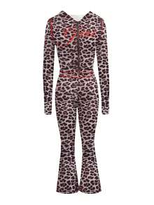 LovelyWholesale Bộ đồ nữ dễ thương gồm áo khoác dài tay có mũ, in chữ và họa tiết da báo, kèm khóa kéo và quần ống loe, thích hợp cho kỳ nghỉ xuân hoặc hè. - màu nâu - Xem 4