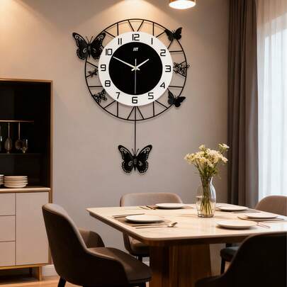 20 Inch Modern Butterfly Wall Clock Iron Craft Home Decor For Livingroom Bedroom, Wall-Mounted Quartz Metal Clock
