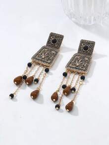 1 Pair Vintage Boho Style Zinc Alloy Pendant Earrings - Delicate Floral Design With Tassel Pendant, Suitable For Daily And Party Occasions, Valentine's Day Gift - Tassel - View 5