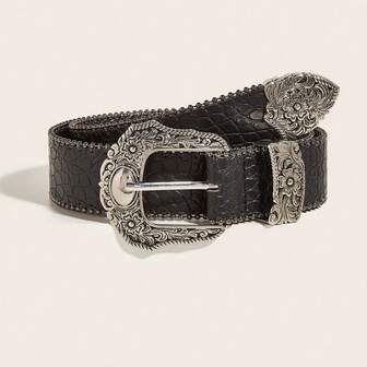 1pc Women's Crocodile Embossed Black Belt, Cowgirl Western Style Rock Vintage Buckle Fashion Leather Belt For Daily Wear