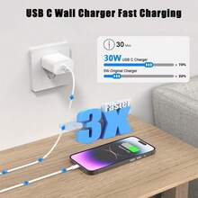 30W快速充电器适配器 + 3.3英尺高效数据传输充电线，兼容 14 Pro Max/14 Pro/14 Plus/14/13/12/11/XS/XR系列，墙式充电器套装 - 白色 - 查看 5