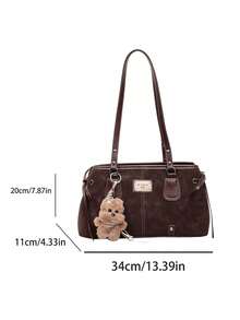 low tea 1个低茶色纯色PU皮革单肩包，女士复古时尚方形手提包，顶部双提手，拉链封口，适合旅行、购物、约会、女士礼物，非常适合通勤、户外活动、旅行、徒步（带吊坠） - 咖啡 - 查看 3