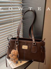 low tea 1个低茶色纯色PU皮革单肩包，女士复古时尚方形手提包，顶部双提手，拉链封口，适合旅行、购物、约会、女士礼物，非常适合通勤、户外活动、旅行、徒步（带吊坠） - 咖啡 - 查看 2