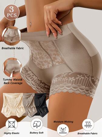 3 st damer trosor med hög midja och spetskant, magkontroll och lyft, bekvämt andningsbart tyg, perfekt present