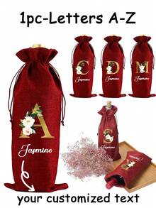 Personalized Linen Wine Bottle Storage Drawstring Bag, Floral Alphabet A-Z Printed On Linen Fabric, Thick Burlap Material, Linen Gift Bag With Drawstring Closure, Reusable And Durable, Suitable For Wine Bottle Storage, Home Organization, Gift Packaging For Parties, Weddings, Holidays And Christmas, Also Ideal As New Year Gift - Multicolor - View 13