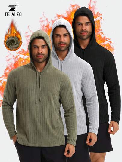 TELALEO 3件装男友风男士长袖保暖连帽衫健身运动套头衫纯色轻薄连帽衫休闲条纹磨毛卫衣