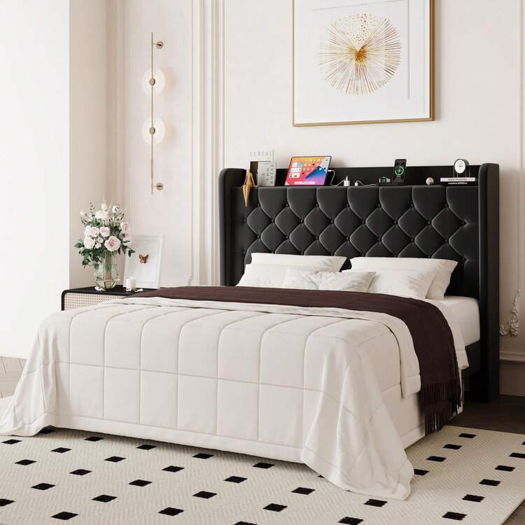 Allewie Full/Queen/King Size Bed Frame, Storage Headboard With Charging Station, Wingback Velvet Upholstered, Diamond Stitched Button Tufted, Sturdy Wooden Slats, No Box Spring Needed, Easy Assembly, Black - Xem 1