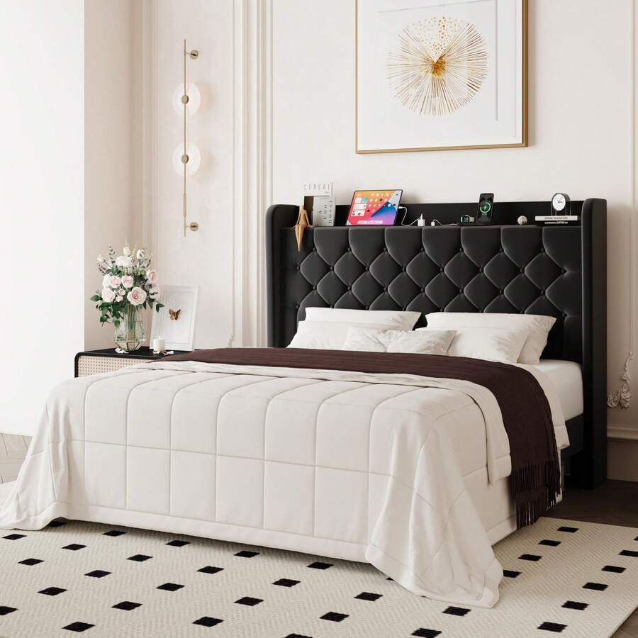 Allewie Full/Queen/King Size Bed Frame, Storage Headboard With Charging Station, Wingback Velvet Upholstered, Diamond Stitched Button Tufted, Sturdy Wooden Slats, No Box Spring Needed, Easy Assembly, Black - Xem 1