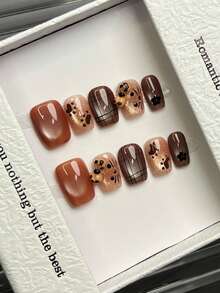 10片手工美甲片，方形圆形亚克力按压式美甲，短款，简约金色、棕色、红色渐变美甲，闪亮猫眼图案，手绘波点小猫格子图案爪印，3D蝴蝶结镶嵌，秋季美甲，奢华简约优雅手工秋季按压式美甲，现代风格，百搭美甲DIY假指甲，适合派对、日常、约会、海滩、热带度假等场合，可重复使用，适合女性和女孩作为礼物，美甲用品 - 彩色 - 查看 4