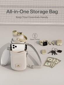 POWCAN Water Bottle Holder with Strap, Fits 32/40 oz Bottle, Adjustable Shoulder Strap with Phone Pocket, Neoprene Sleeve, Water Bottle Carrier Bag for Hiking, Travelling and Camping - 燕麥色 - 查看 4