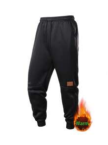 男士休闲弹力腰带保暖内衬慢跑裤，秋冬季保暖 - 黑色 - 查看 2