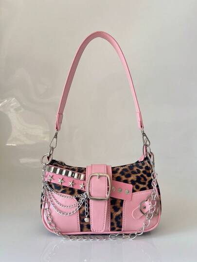 Geantă la modă și versatilă cu model Semilună, geantă de umăr cu curea de lanț Y2K Millennium, geantă de subraț cu un umăr, curea cu perle, geantă crossbody de mână cu un umăr, geantă mică cu lanț, curele interschimbabile multiple, roz