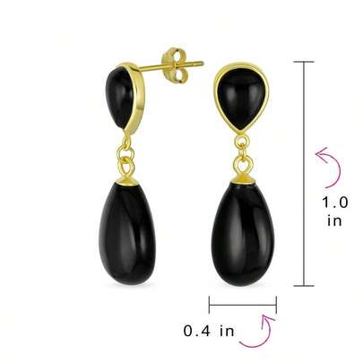 Double Teardrop Earrings: Genuine Black Onyx &Amp; Green Jade Dangle In Classic Simple Design For Women 14K Yellow Go...