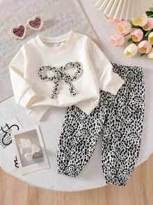 2pcs Baby Girls' Casual Cute Knitted Leopard Print Bow Sweatshirt And Elastic Waist Leopard Print Pants Set, Autumn/Winter