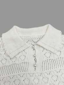 Women's New Arrival Fashionable Casual Daily Commute Solid Color Knit, Collared Half-Placket With Button Details Openwork Design Fitted Silhouette Short Sleeves Versatile Pullover Style Top, Spring Summer - Beige - View 6