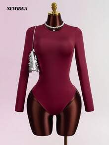 Women's Long Sleeve Bodycon Bodysuit, Slim Fit Stretch Going Out Top - Burgundy - View 6