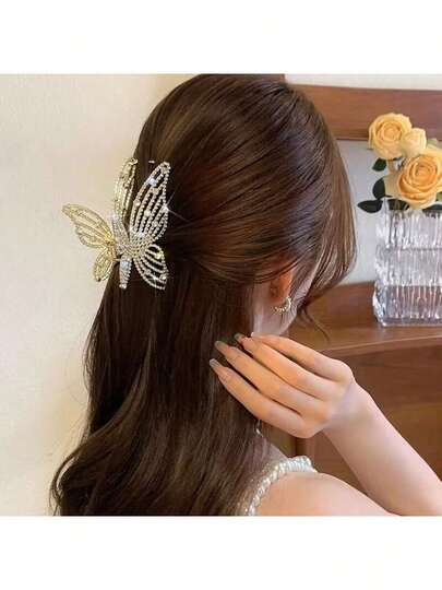 1 pieza Pinza de pelo con cristal dorado y perla para mujer, Clip de pelo grande de metal minimalista y elegante con diseño de mariposa
