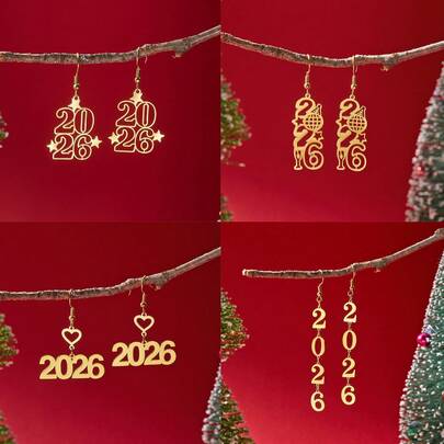 1 Pair Women's Stainless Steel Hollow 2026 New Year Celebration Earrings, Elegant Gold Color
