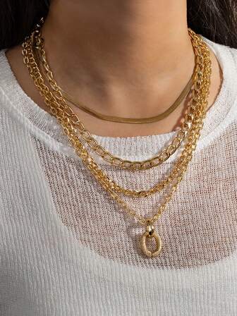 2pcs Geometric O-Shaped Pendant Necklace Set, Adjustable Women's Hip-Hop Mixed Style Chain Necklace, Suitable For Daily, Party, Evening, Music Festival Wear