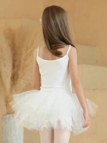 Young Girl Cute Floral Decor Spaghetti Strap Tutu Skirt, Children Ballet Dance Leotard - White - View 6