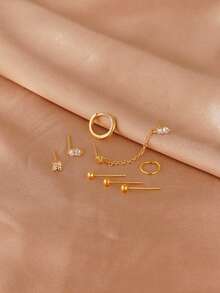 Bộ 8 khuyên tai xích hình cỏ bốn lá đính đá Cubic Zirconia tinh xảo, thích hợp cho trang phục hàng ngày, hẹn hò, dự tiệc và phối đồ nhiều lớp của phụ nữ - Vàng - Xem 6