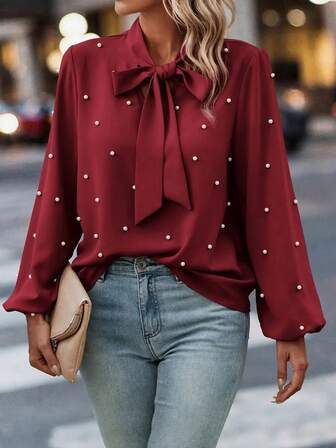 Blusa casual elegante de mujer con mangas de farol, unicolor, con nudo y perlas falsas